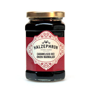 Jar of Halzeaphron Caramelised Red Onion Marmalade with a red label on a white background