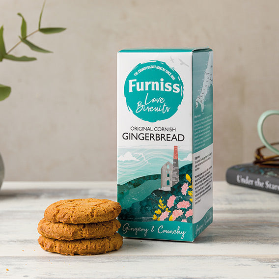 Furniss gingerbread biscuits with packaging on a wooden surface