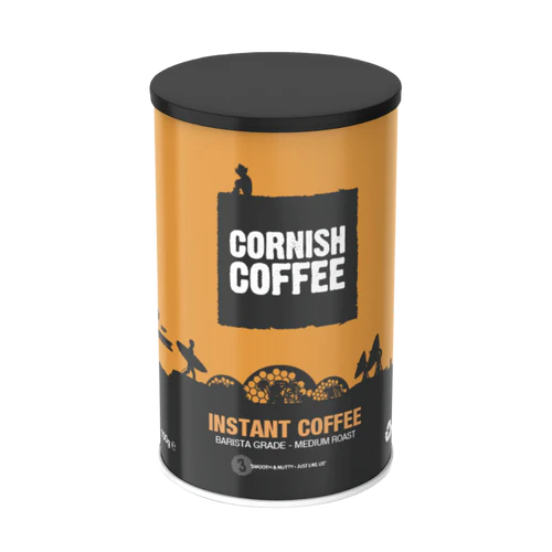 Cornish Coffee instant coffee canister on a white background