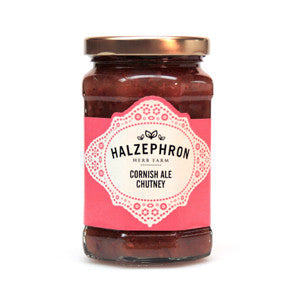 Jar of Halzephor Cornish Ale Chutney with a pink label on a white background