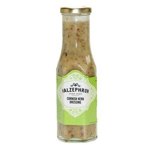 Bottle of halzephron Cornish Herb Dressing on a white background