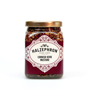 Jar of Halzephron Cornish herb mustard on a white background
