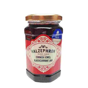 Jar of Halzephor Cornish Jewel Blackcurrant Jam on a white background