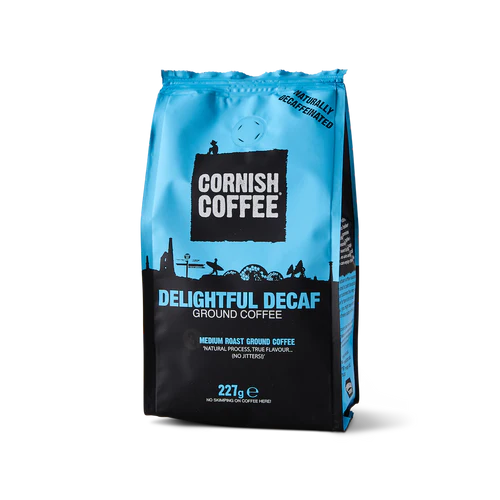 Cornish Coffee Delightful Decaf ground coffee bag on a white background