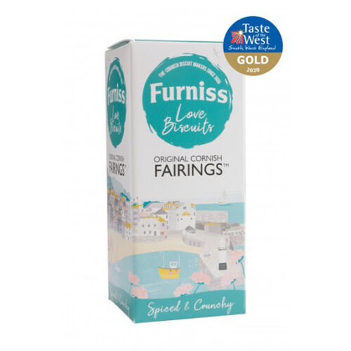 Furniss Love Biscuits packaging with a scenic design and Taste West gold award on a white background