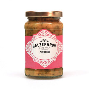 Jar of Halzephor Piccalilli with a pink label on a white background