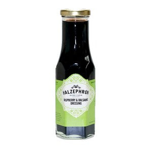 Bottle of Halzephron Raspberry Balsamic Dressing on a white background