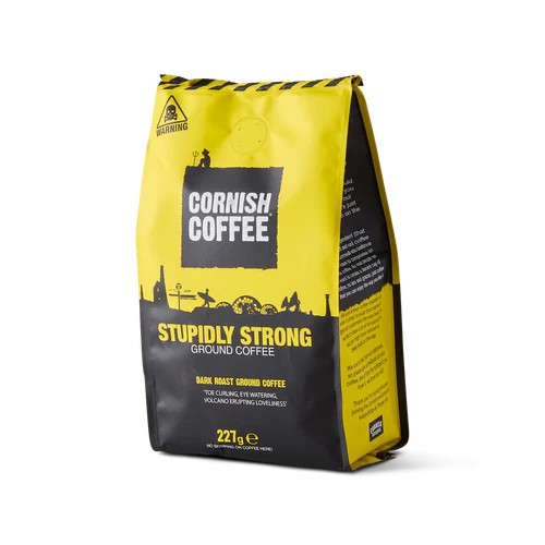 Cornish Coffee bag with yellow and black design on a white background