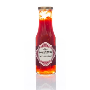 Bottle of Halzephron sweet chili sauce on a white background