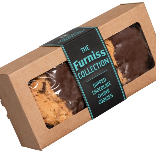Box of 'The Furniss Collection' dipped chocolate chunk cookies with a clear window.