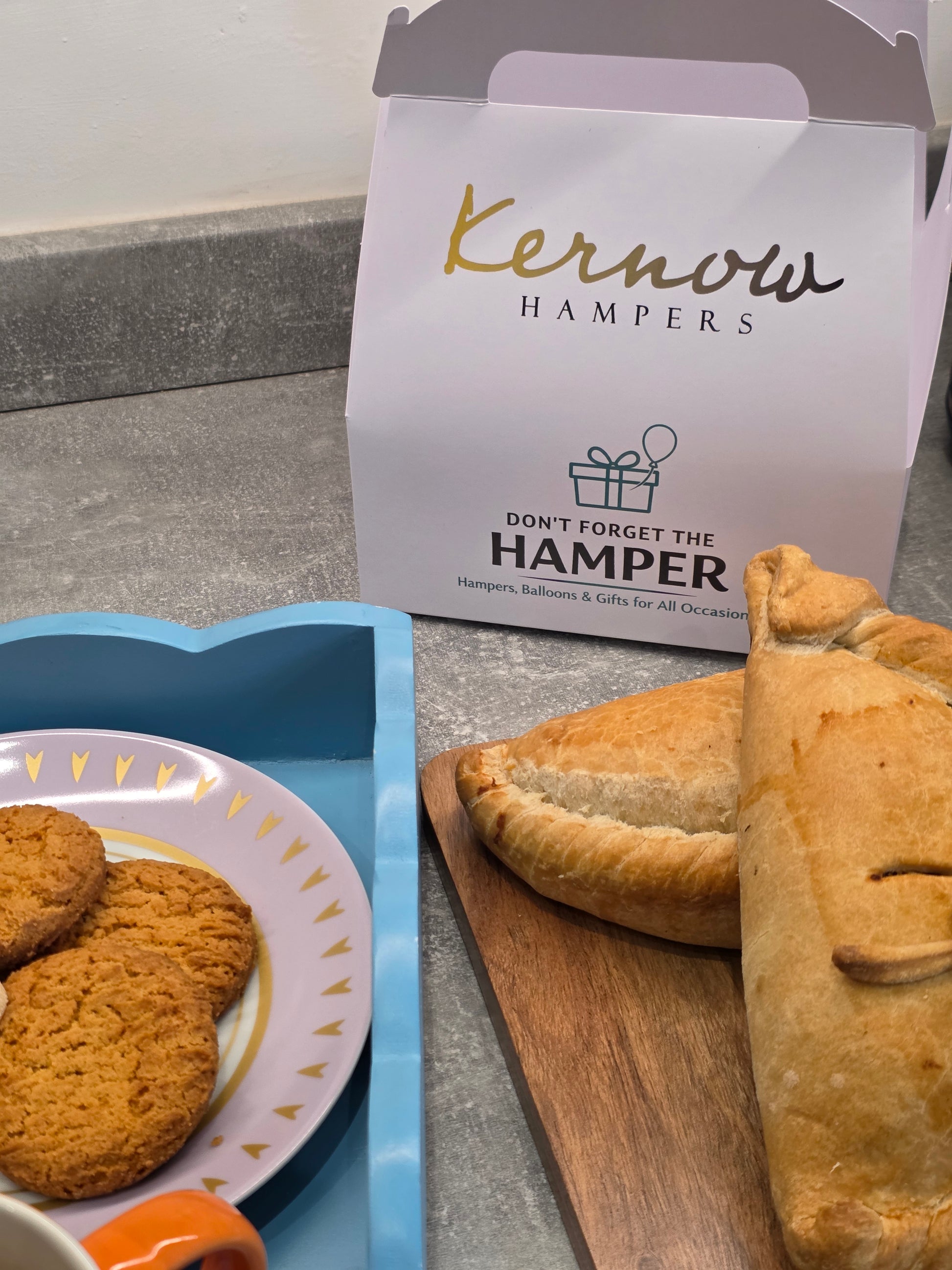 Cornish pasties, with cookies and a handled hamper box with Kernow hampers