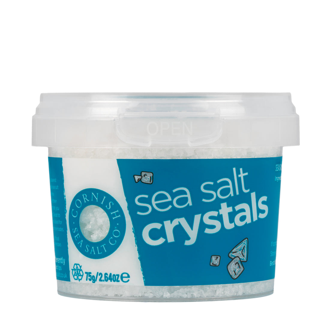 Container of sea salt crystals with a blue label on a white background