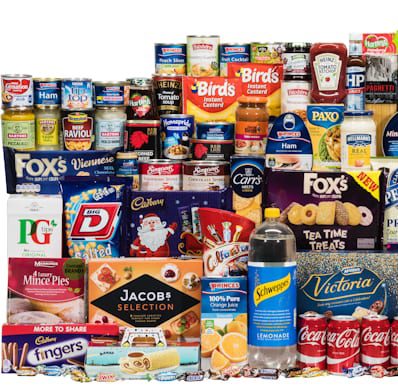 Assorted groceries including canned goods, snacks, and drinks on a white background