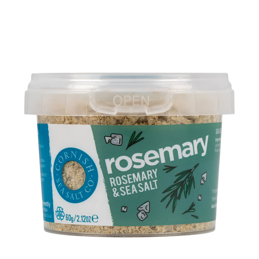 Container of rosemary and sea salt with a visible brand label on a white background