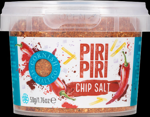 Container of Cornish Sea Salt Co. Piri Piri Chip Salt with label and chili peppers.