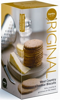 Box of Furniss West Country Cheddar Biscuits with a grater and cheese on a white background